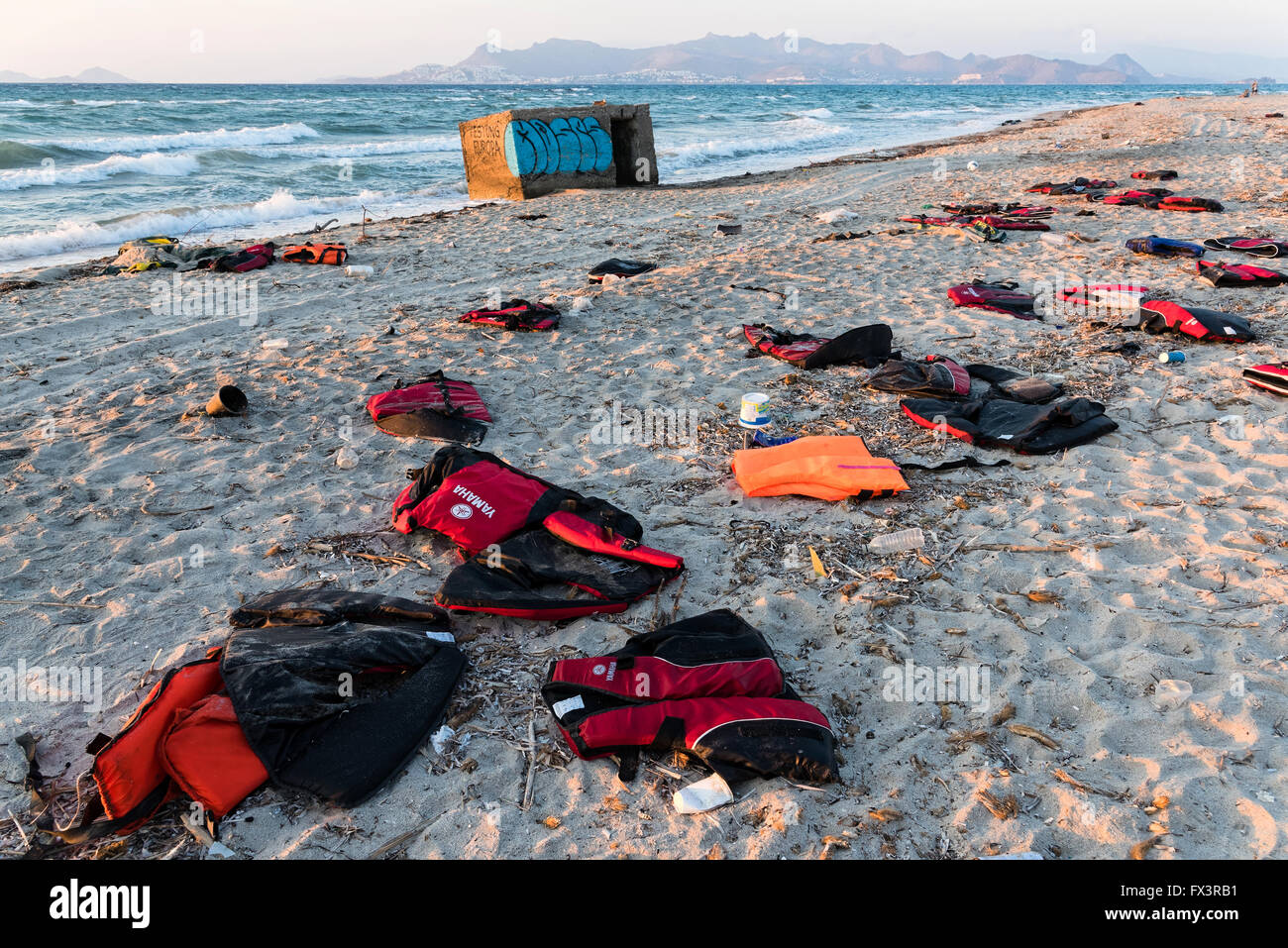 Abandoned life savers of refugees on October 6, 2015 on a beach of Kos island, Greece. Stock Photo