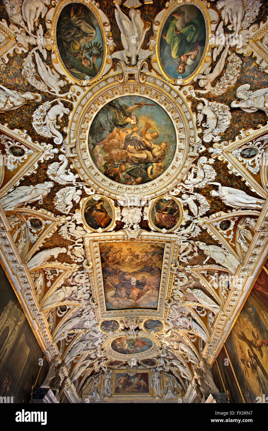 Beautiful ceiling in Salla delle Quattro Porte ('Hall of the four doors') in Palazzo Ducale, Venice, Veneto, Italy. Stock Photo