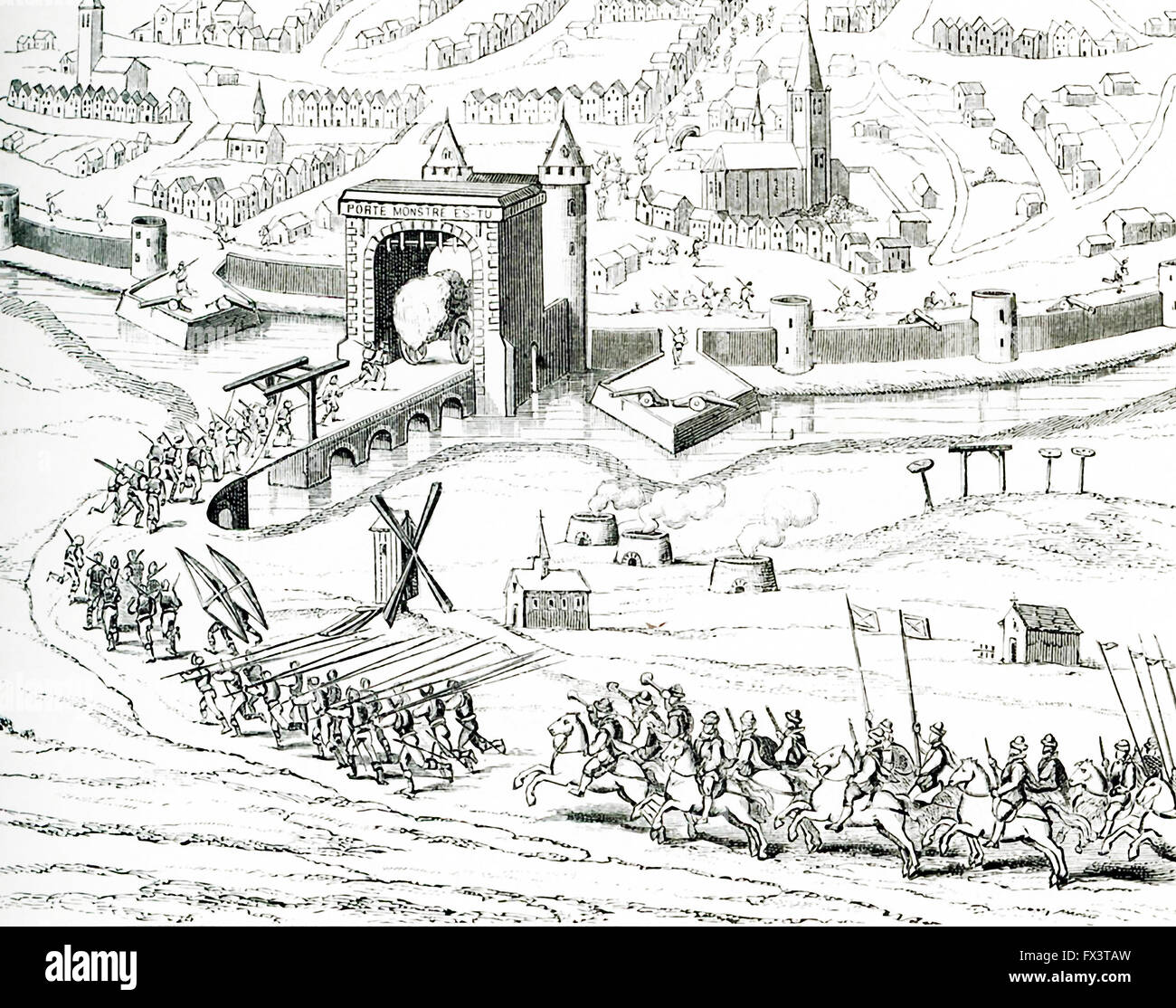 Pictured in this 1597 illustration is the surprise attack on Amiens in France by the Spanish on March 11 that very year. The illustration is from a drawing whose inscription read: Portrait of the city of Amiens, when it was taken by surprise on Mar 11, 1597, with one carriage, and few people. Among the people was the governor of Doullens [which city had been taken by the Spanish in 1595]. The battle was part of the Franco-Spanish War, which in turn was part of the French Wars of Religion and the Anglo-Saxon War. Just months later, in September, the French retook the city. Stock Photo