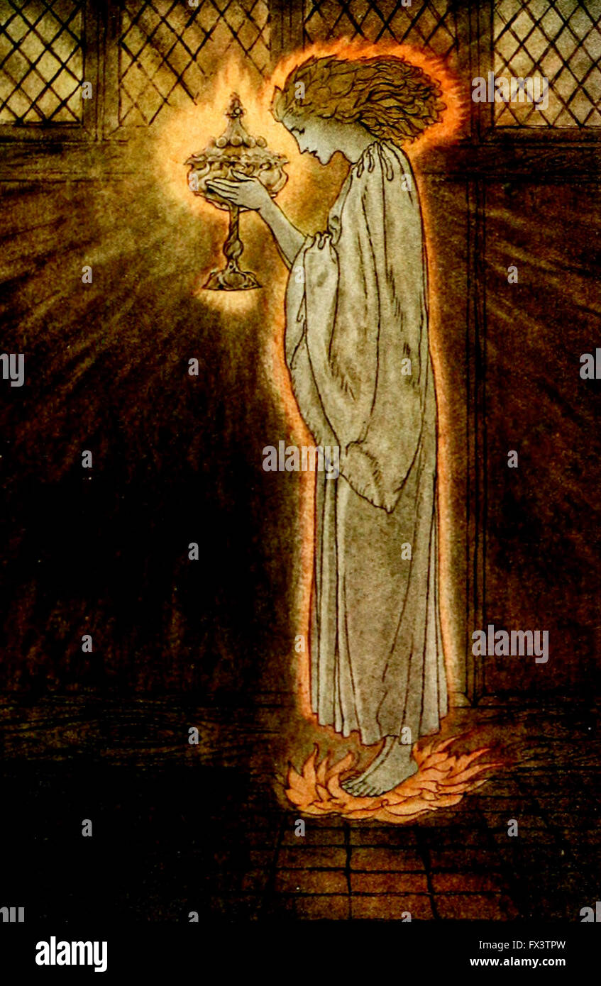 How at the Castle of Corbin a maiden bare in the Sangreal and foretold