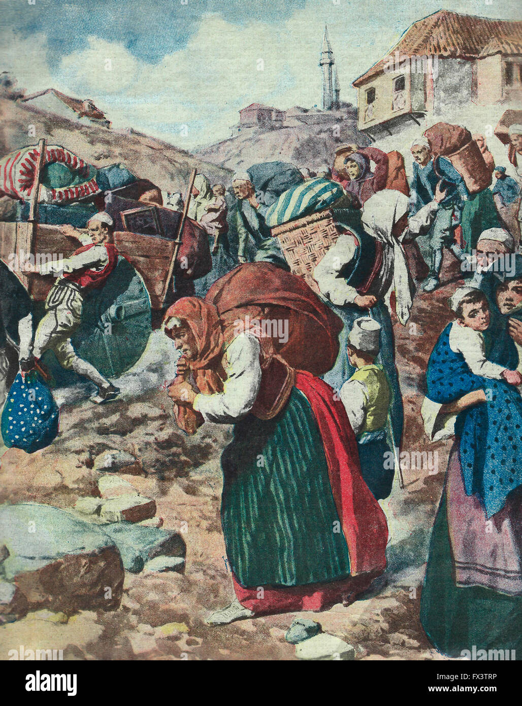 The exodus of Christians from Tirana on the imminent entry of Essad Pasha. 1913. Balkan Wars Stock Photo