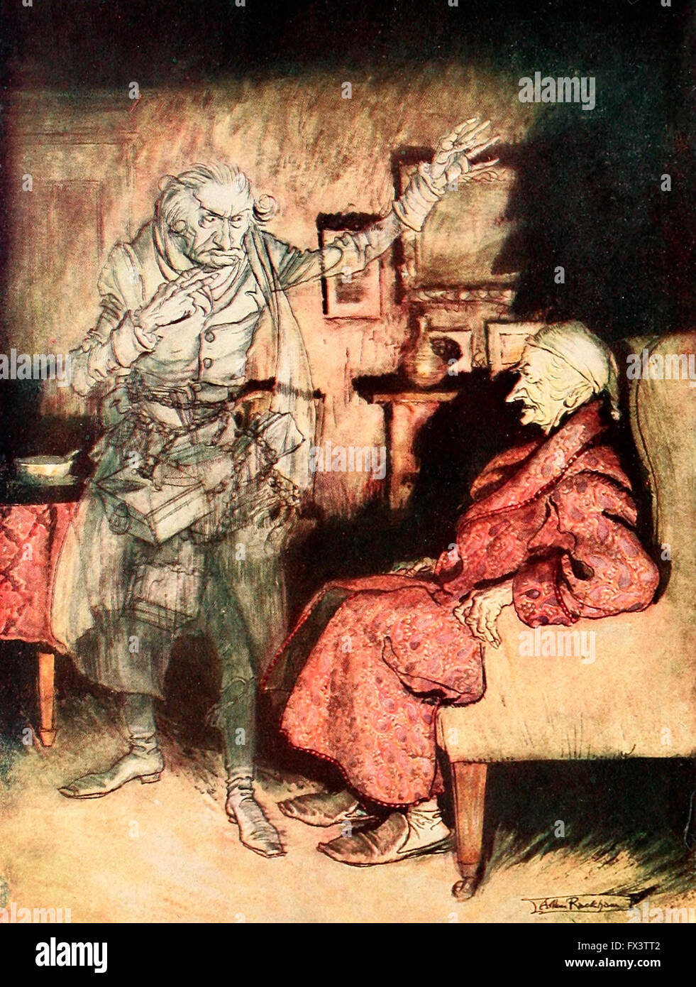 'How, now?' said Scrooge, caustic and cold as ever. 'What do you want with me?' A scene from A Christmas Carol Stock Photo