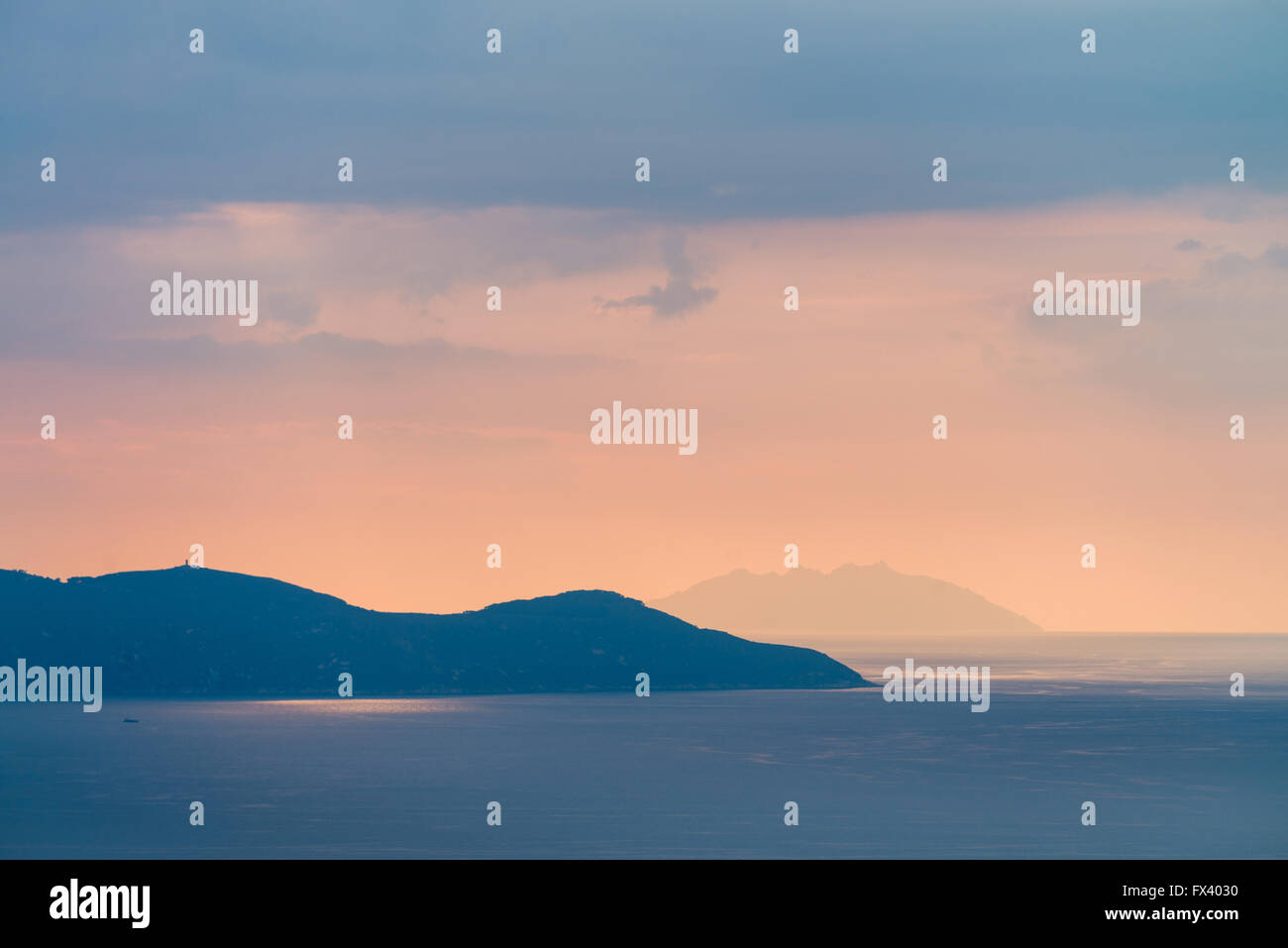 Giglio Island at sunset, view from Argentario island, Tuscany, Italy, Europe Stock Photo