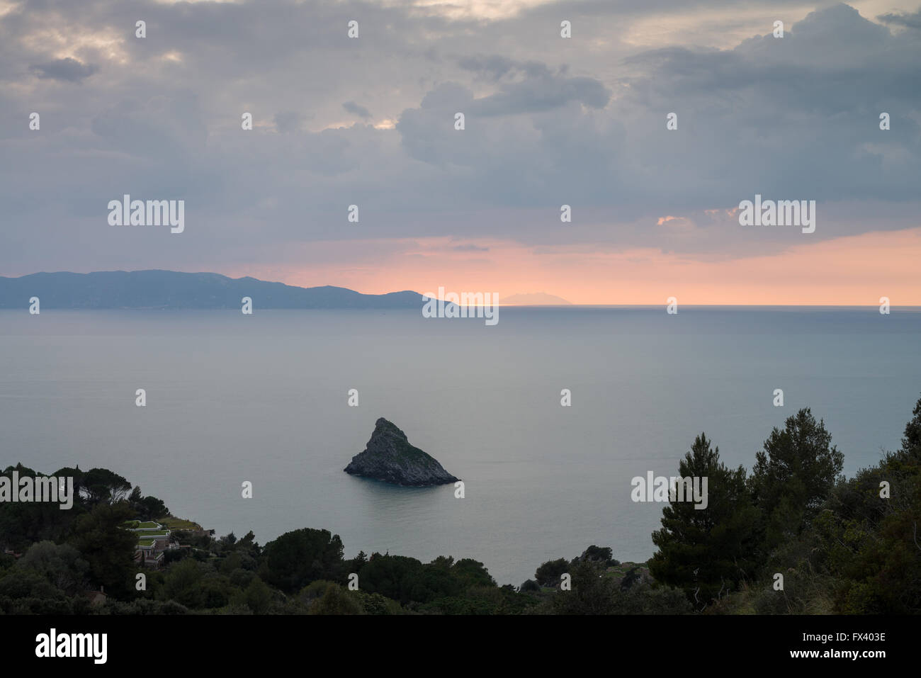 Giglio Island at sunset, view from Argentario island, Tuscany, Italy, Europe Stock Photo