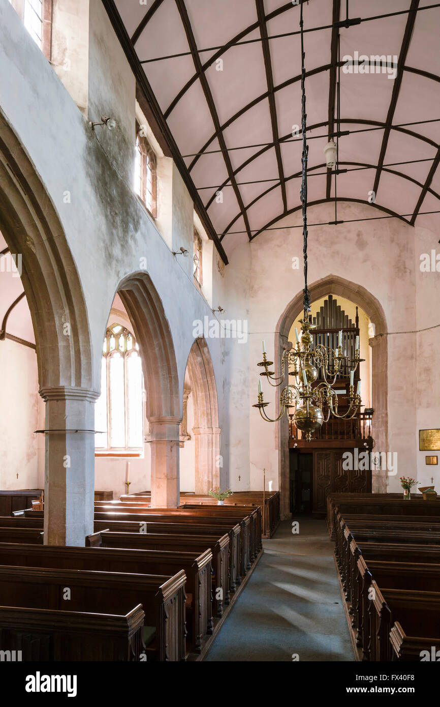 Interior view towards west tower of the 14th-century church of St James the Less, Iron Acton, South Gloucestershire. Stock Photo