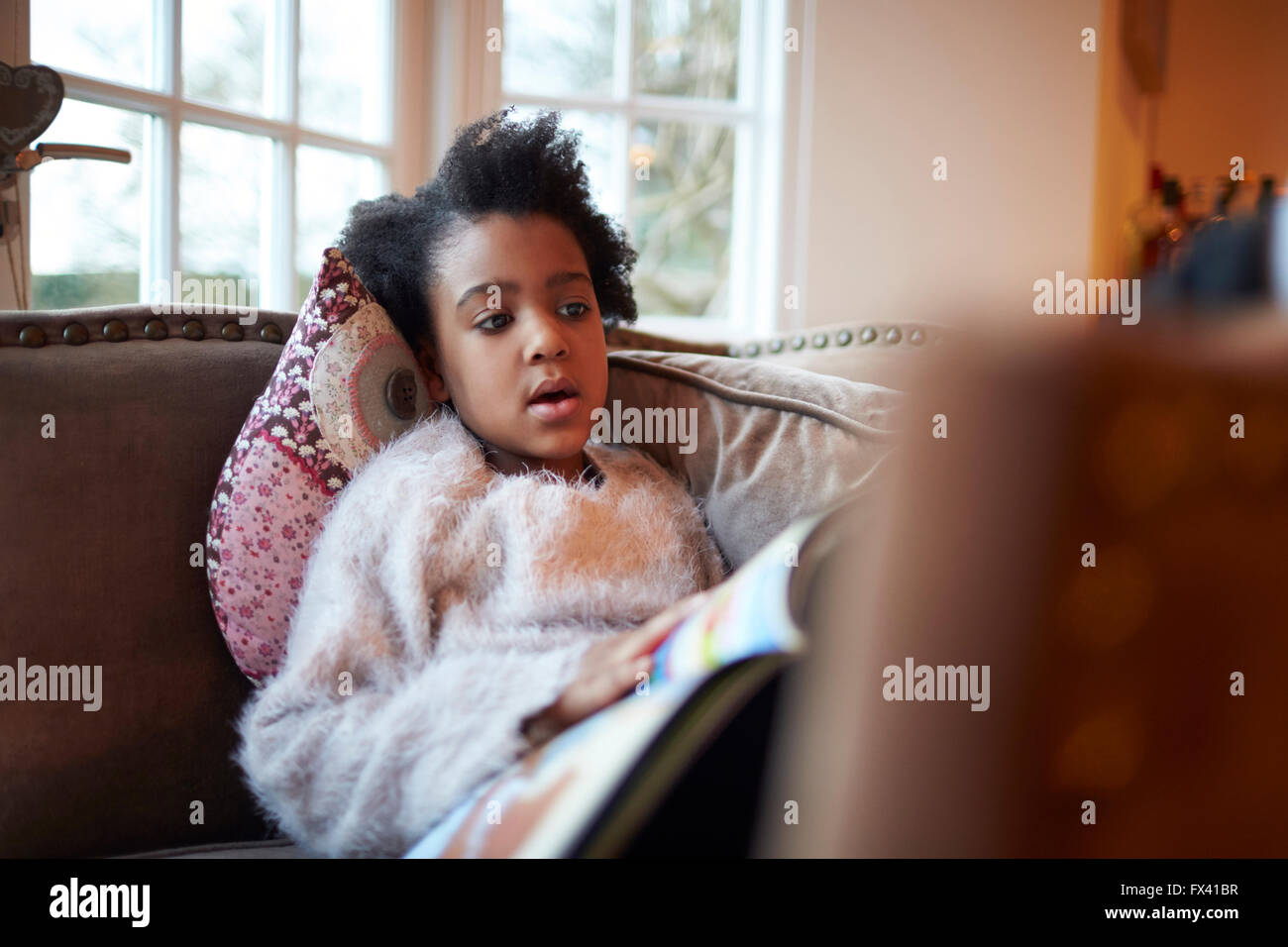 Young Girl Reading Book On Sofa At Home Stock Photo - Alamy