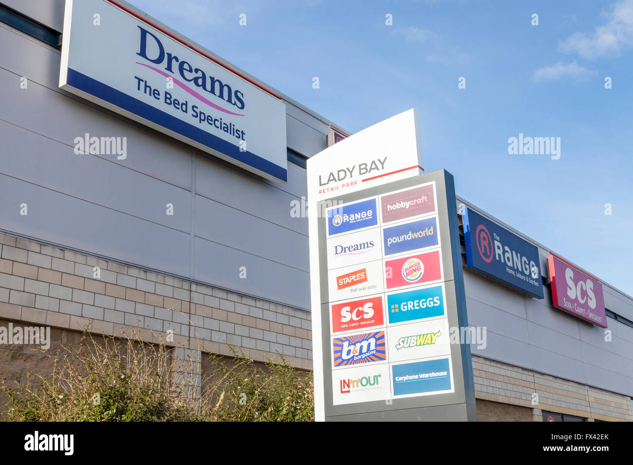 Store signs at Lady Bay Retail Park, Nottingham, England, UK Stock Photo