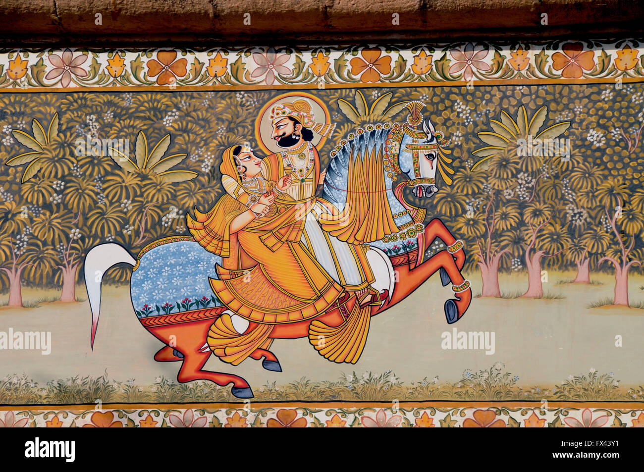 Detail from a wall decorative painting at Meterangarth Fort, Jodhpur, Rajasthan, India. Stock Photo