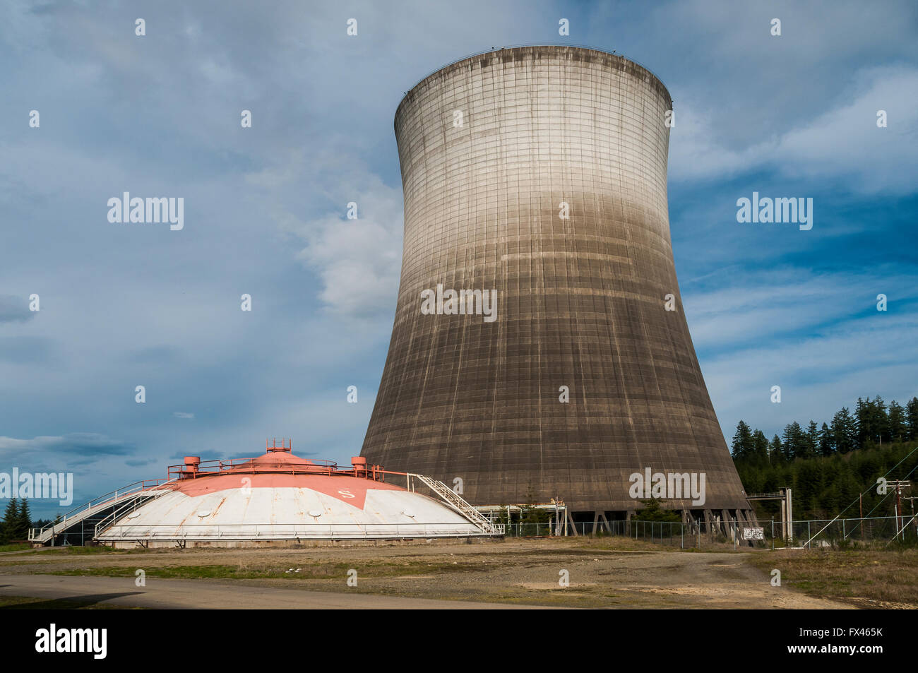 Unfinished nuclear cooing tower and domed support building at Satsop