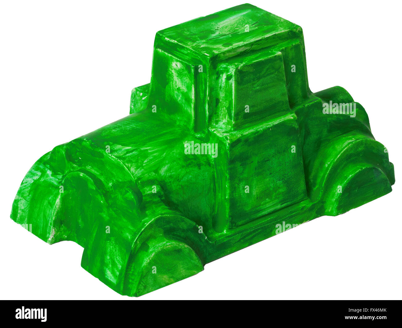 Ceramic plaster figure of green car isolated on white background Stock Photo