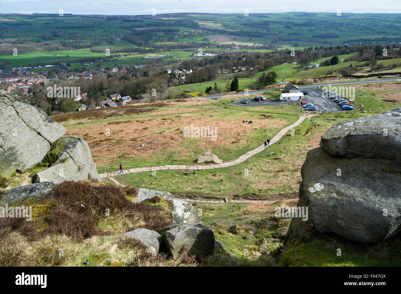 Overlooking the Cow and Calf Rock Cafe from the top of the rock climb, Ilkley Moor, West Yorkshire, UK. Stock Photo