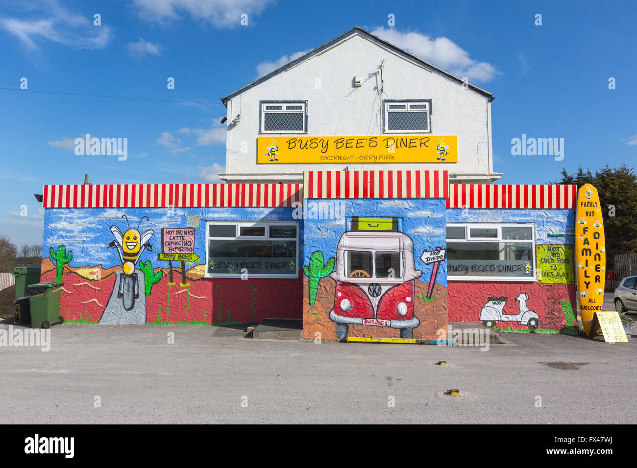 Busy Bees Diner with the exterior of the building  painted in a street art surf shack type,  A1 South, Darrington, Stock Photo