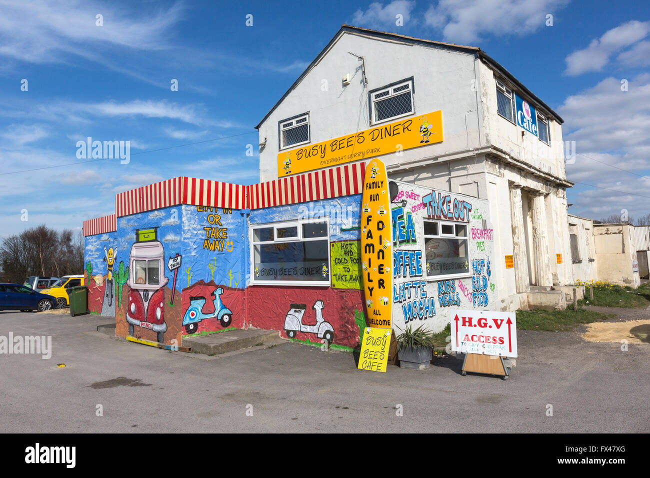 Busy Bees Diner with the exterior of the building painted in a street art surf shack type,  A1 South, Darrington, Stock Photo
