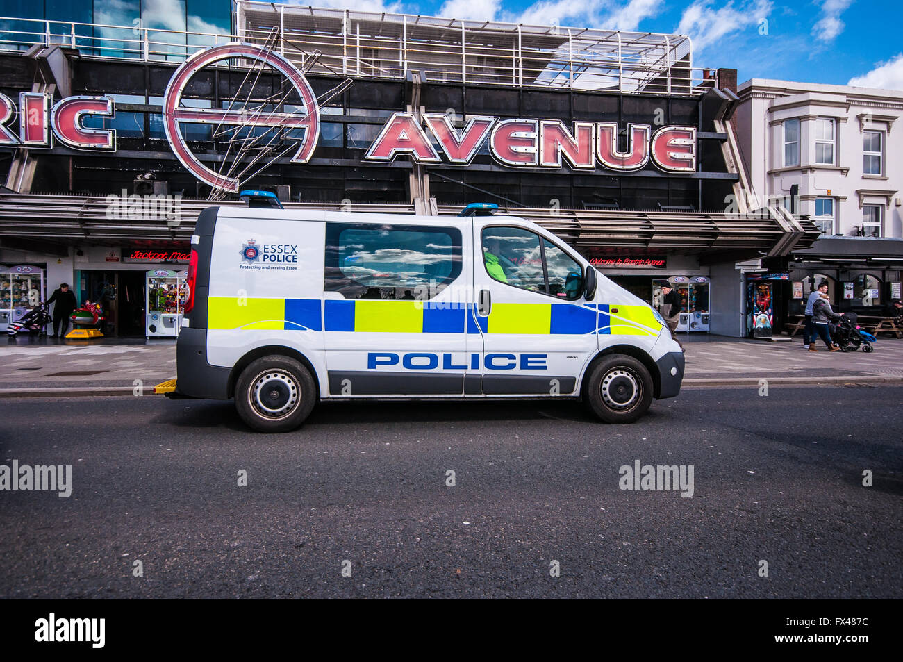 Seafront amusement arcades in Southend-on-Sea, Essex, UK. Police attending Stock Photo