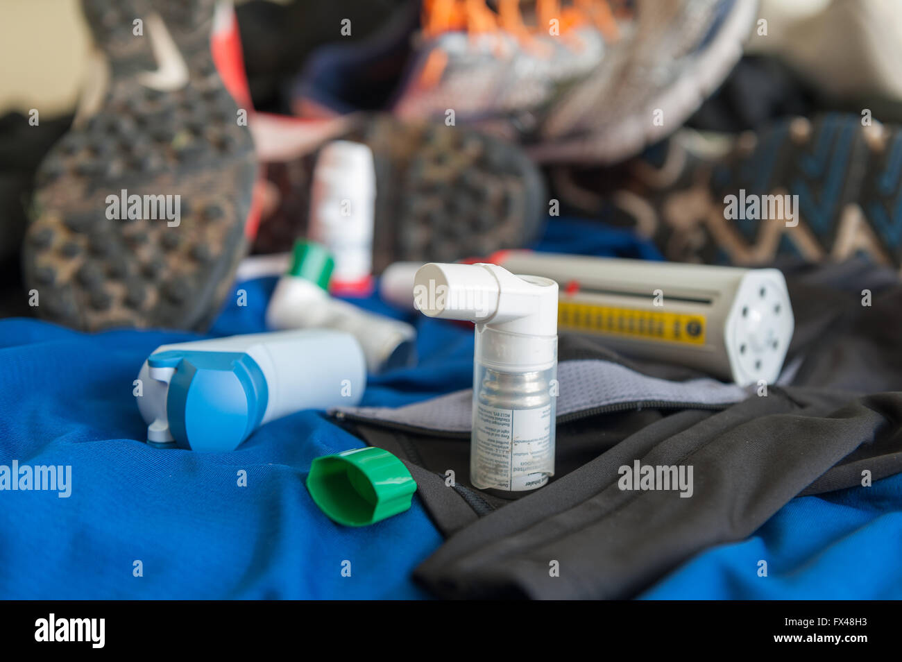 Sports induced asthma peak flow running shoes kit gear with breathing Stock  Photo - Alamy