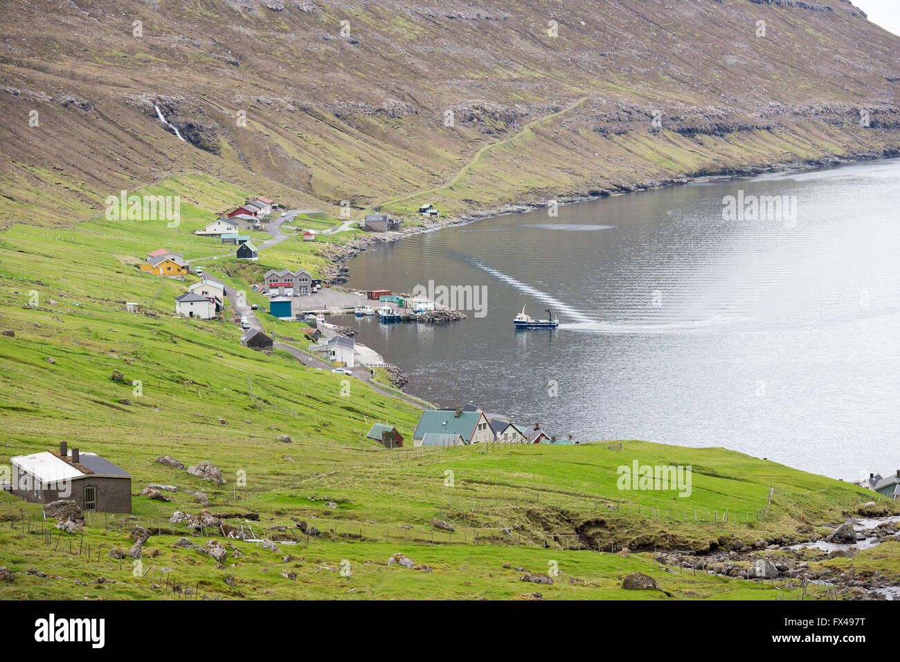 Bordoy village at the bay of Arnafjordur on the Faroe Islands Stock Photo