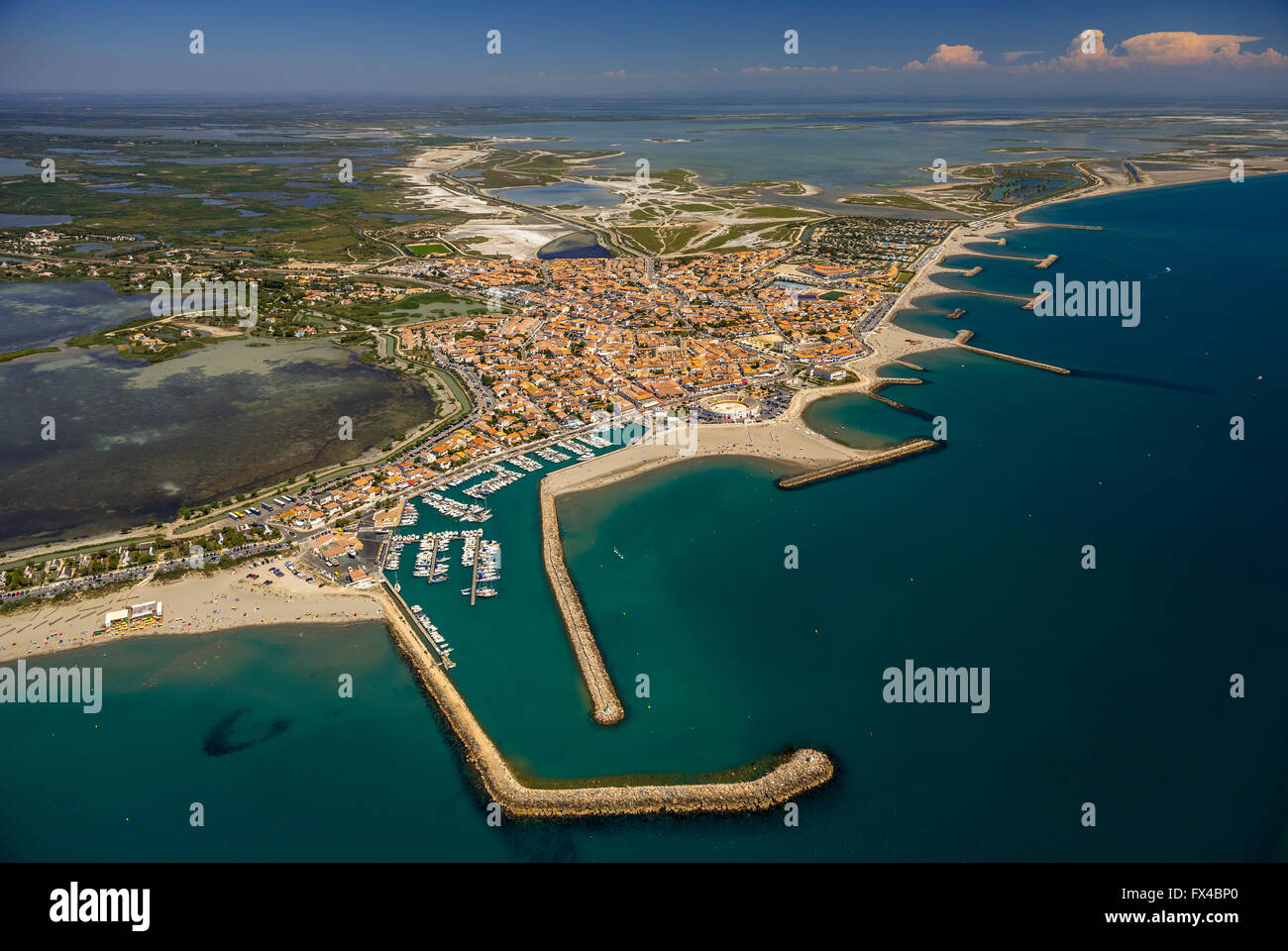 Aerial view, The NotreDamedelaMer, downtown SaintesMariesdela