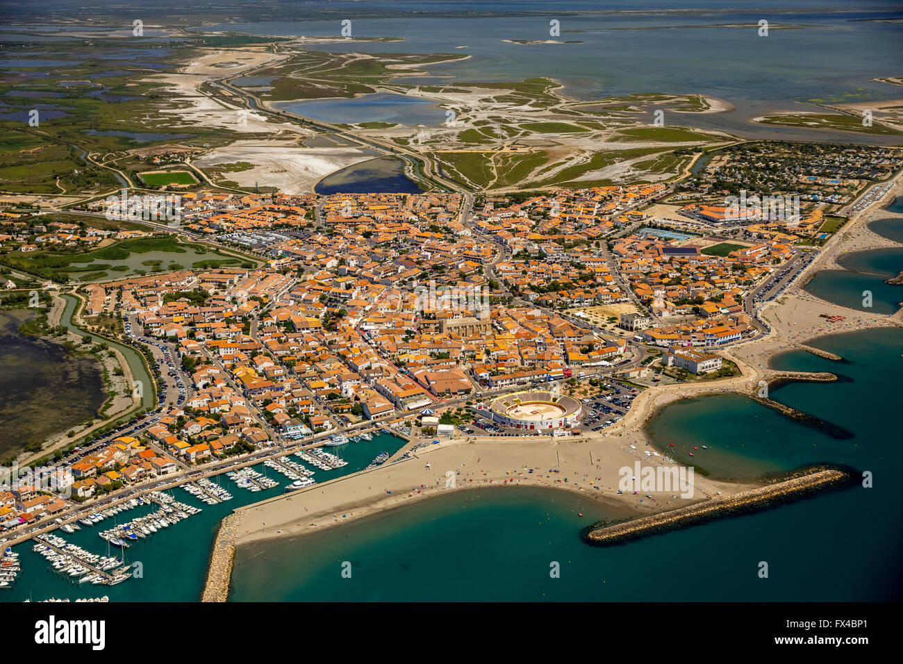 Aerial view, The NotreDamedelaMer, downtown SaintesMariesdela