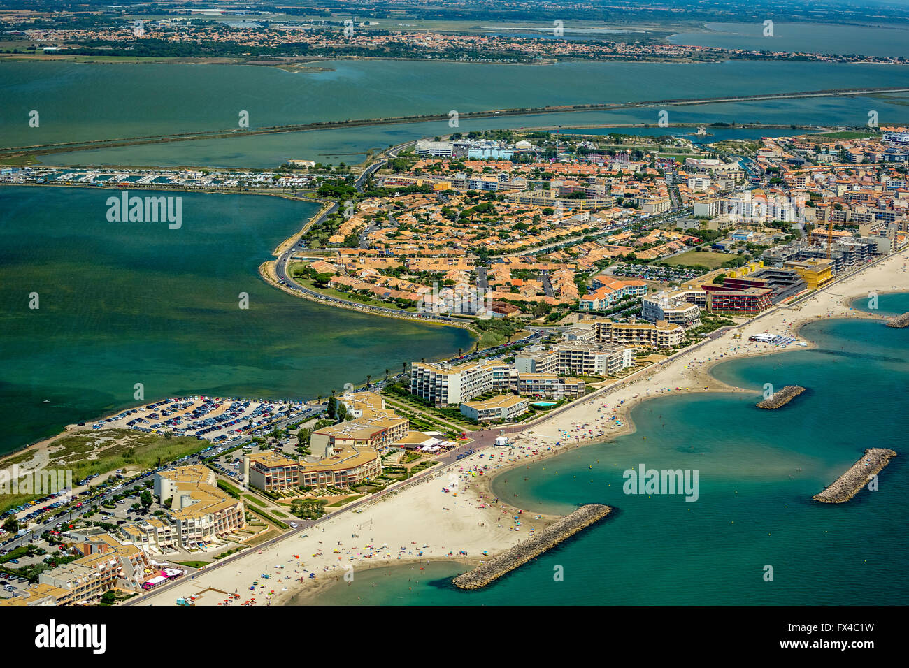 Aerial view, beach, Mediterranean and vacation resorts, Palavas-les-Flots, France, Languedoc-Roussillon, France, Europe, Stock Photo