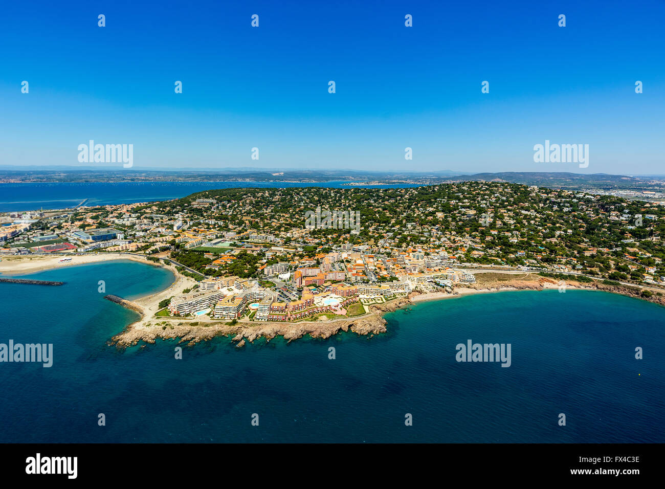 Aerial view, overlooking the old town of Sete, Sète, France, Languedoc-Roussillon, France, Europe, the Mediterranean Sea, aerial Stock Photo