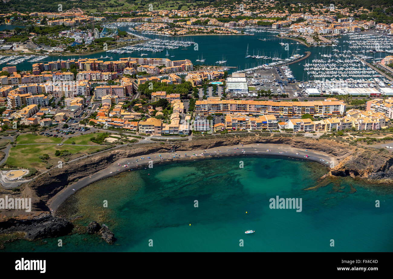 Aerial view, Black beach La Grande Conque, coastal and beach of Cap d'Agde, Agde, France, Languedoc-Roussillon, France, Europe, Stock Photo