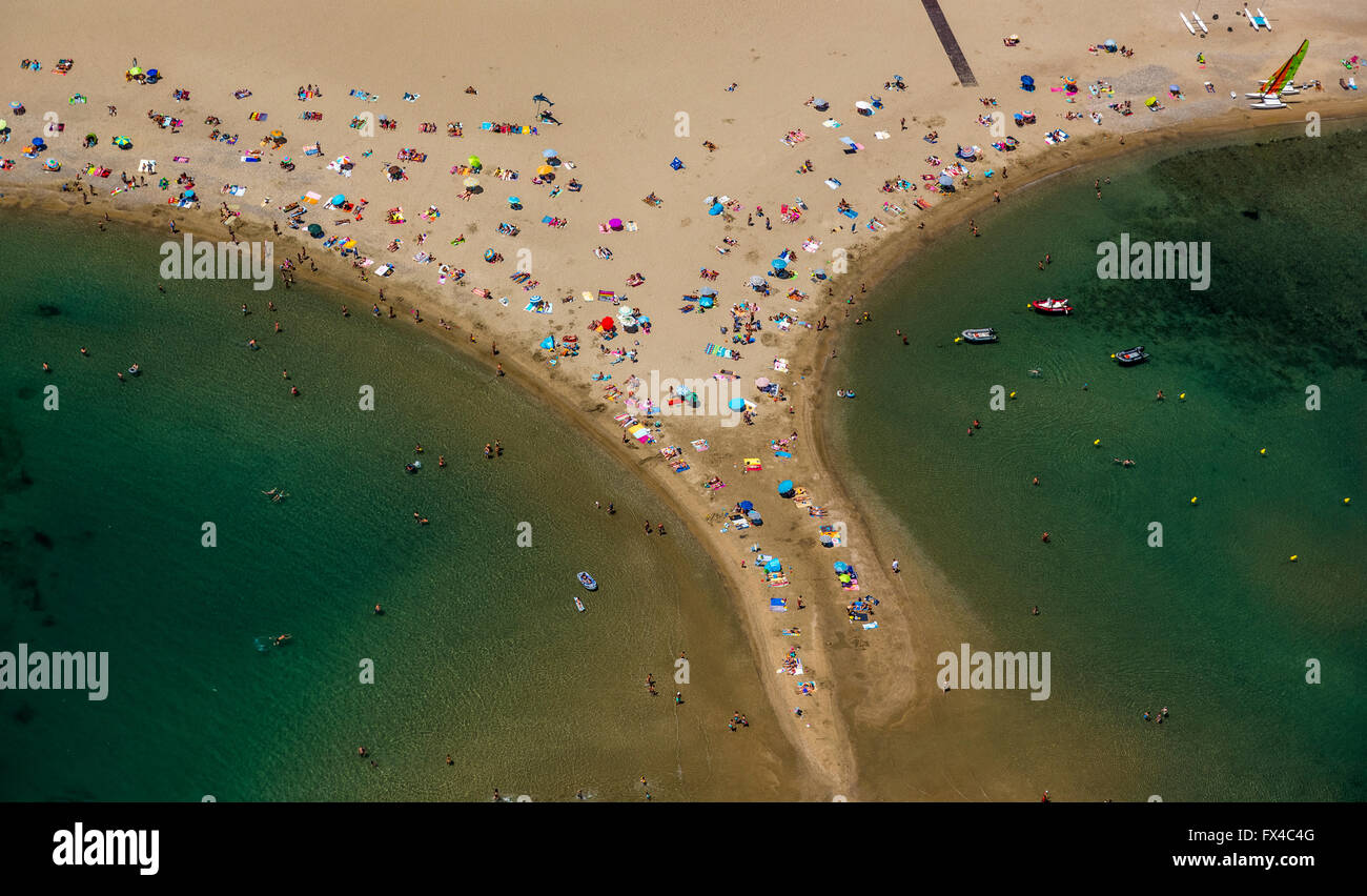 Aerial view, coast and beach of Cap d'Agde, bathing, sunbathing, beach life, Agde, France, Languedoc-Roussillon, France, Europe, Stock Photo