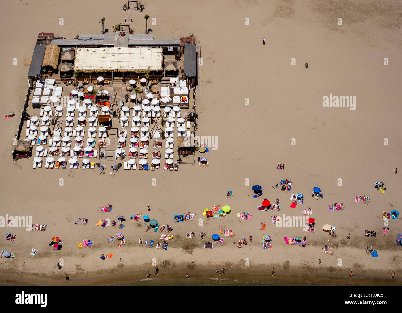 Aerial view, beach bar on the beach of Cap d'Agde, deckchairs, umbrellas, Mediterranean, Agde, France, Languedoc-Roussillon, Stock Photo