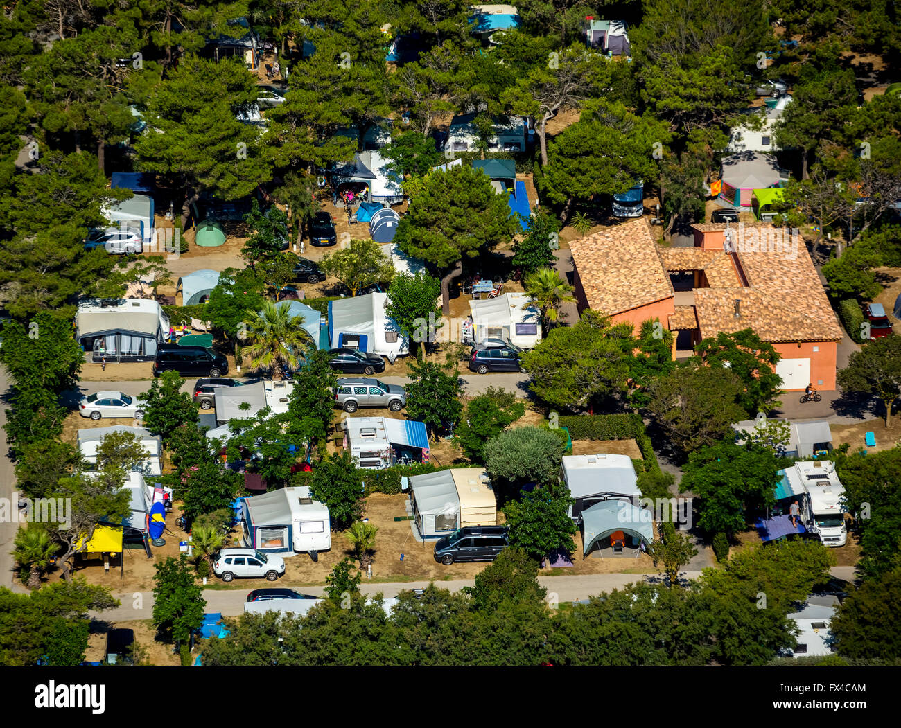 Aerial view, campsite of Canet-en-Roussillon on the Mediterranean Sea, Mediterranean coast, South of France, the Pyrénées-Orient Stock Photo