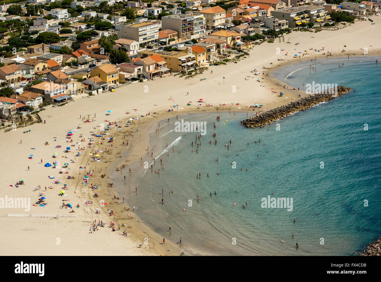 Aerial view, beach, Mediterranean beach of Mauguio, Mauguio, France, Languedoc-Roussillon, France, Southern France, Midi, Stock Photo