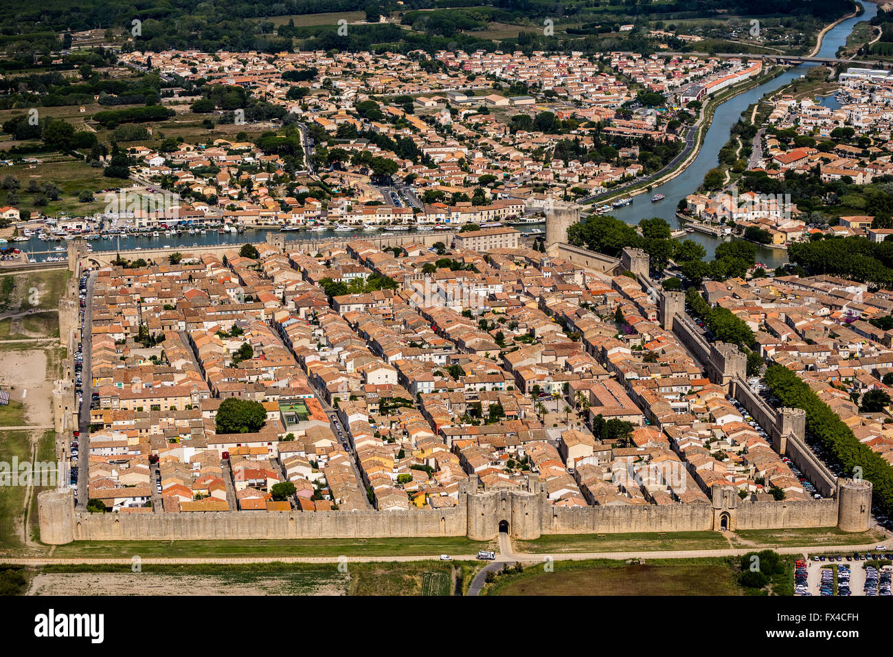 Aerial view, Medieval town with a rectangular walled city, southern France, Midi, Aigues-Mortes, France, Languedoc-Roussillon, Stock Photo
