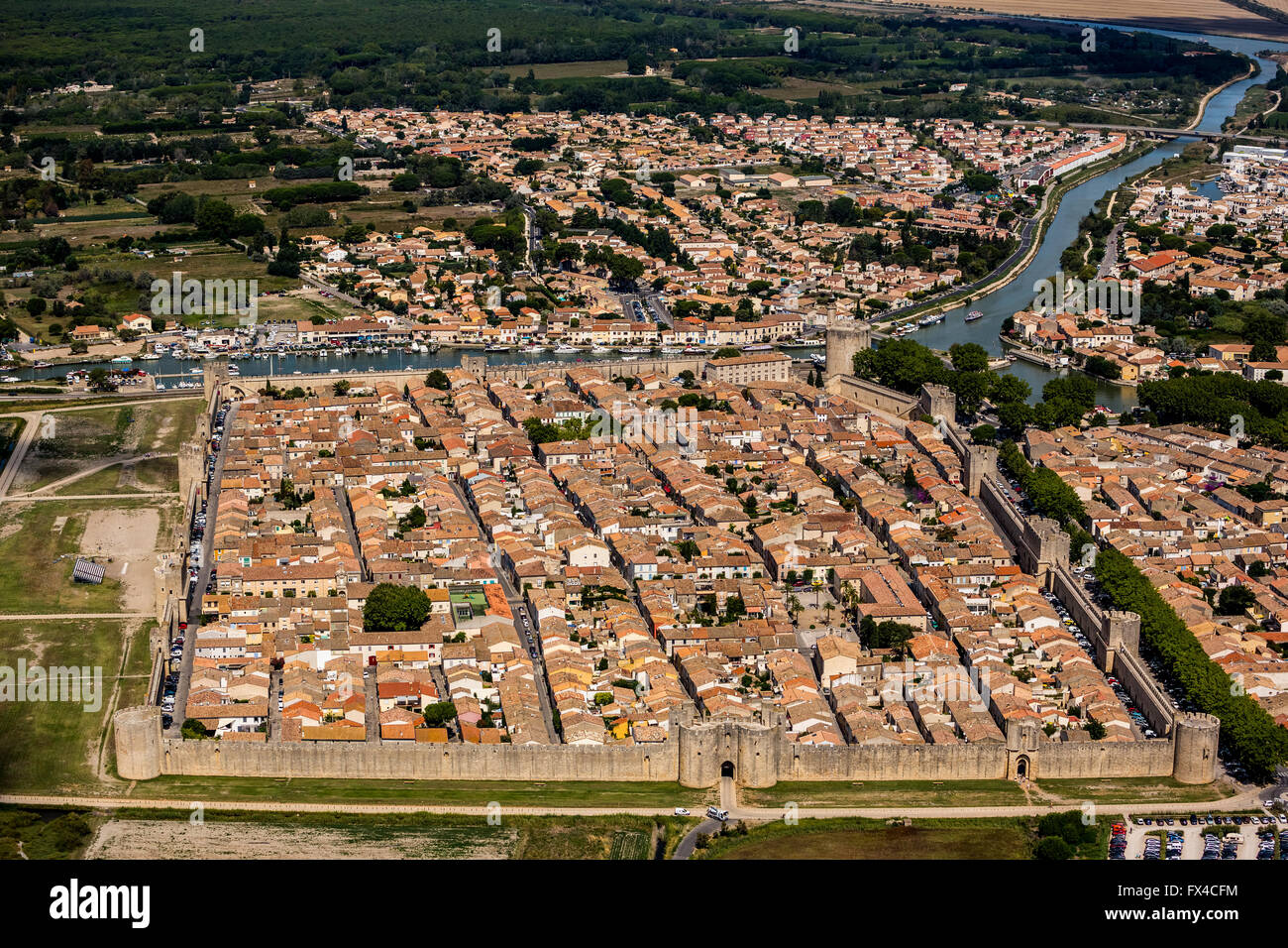 Aerial view, Medieval town with a rectangular walled city, southern France, Midi, Aigues-Mortes, France, Languedoc-Roussillon, Stock Photo