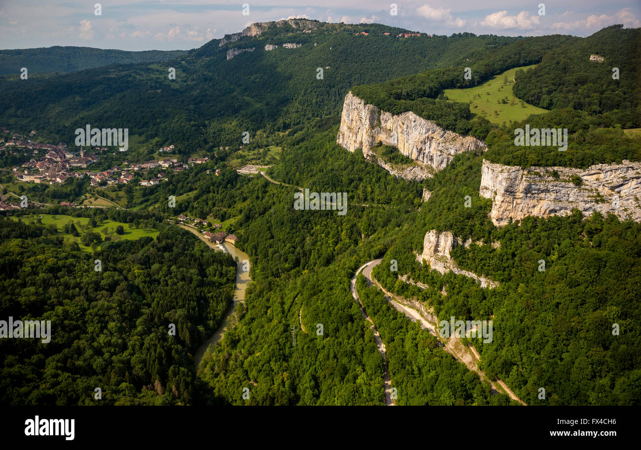 Aerial view, Mouthier-Haute-Pierre, the Loue valley, limestone walls, Roche de Hautepierre, Jura, France, Franche-Comte, France, Stock Photo