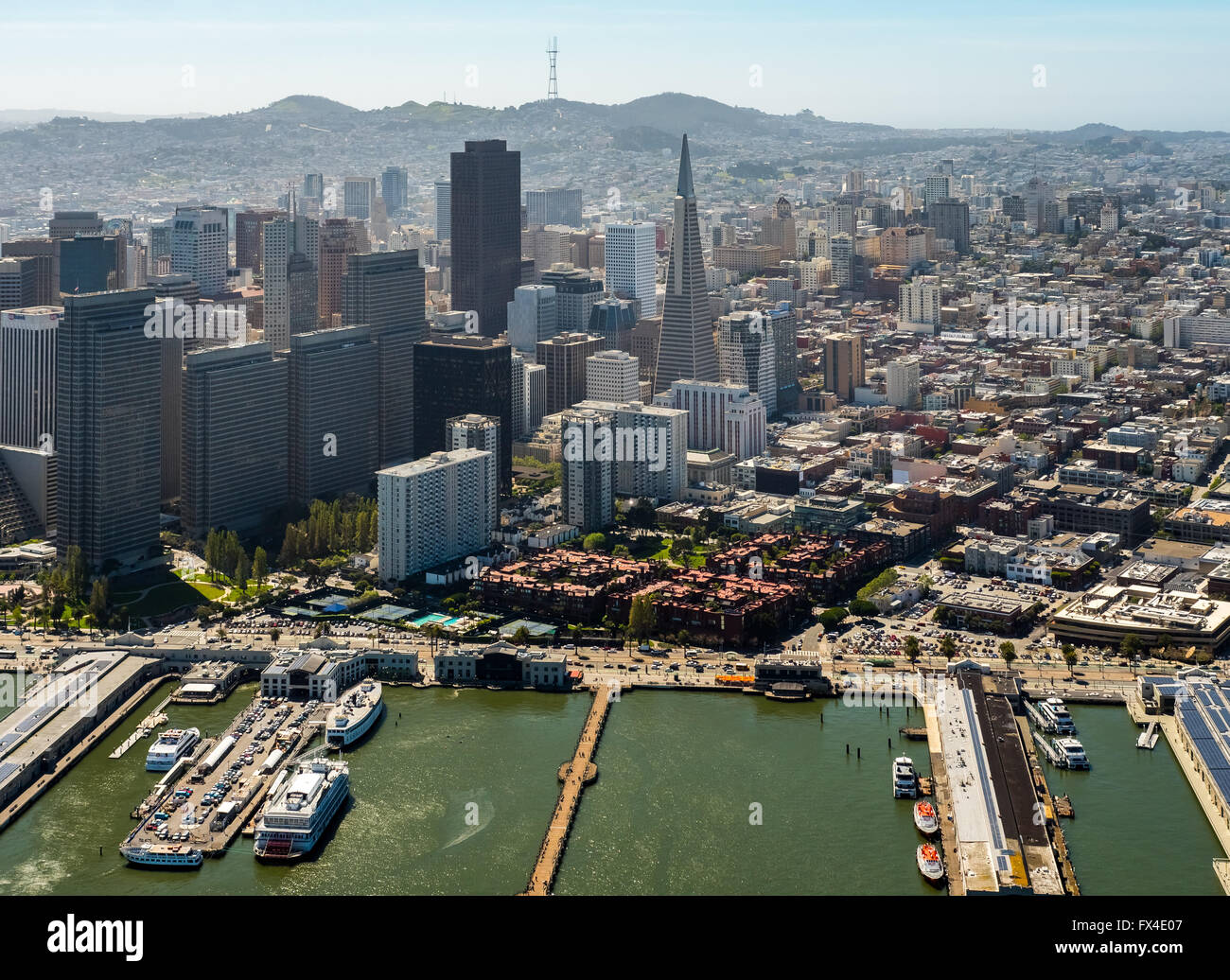 Aerial view, overlooking downtown San Francisco on the piers from the water, San Francisco, San Francisco Bay Area,United States Stock Photo