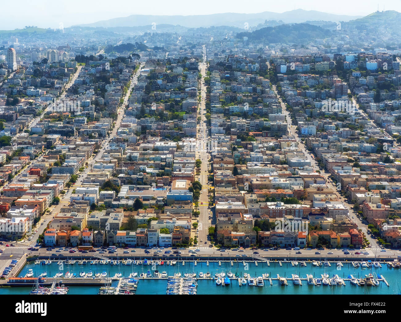 Aerial view, looking from the north of the marina in Pacific Heights with Divisadero Street, Scott street and Broderick street, Stock Photo