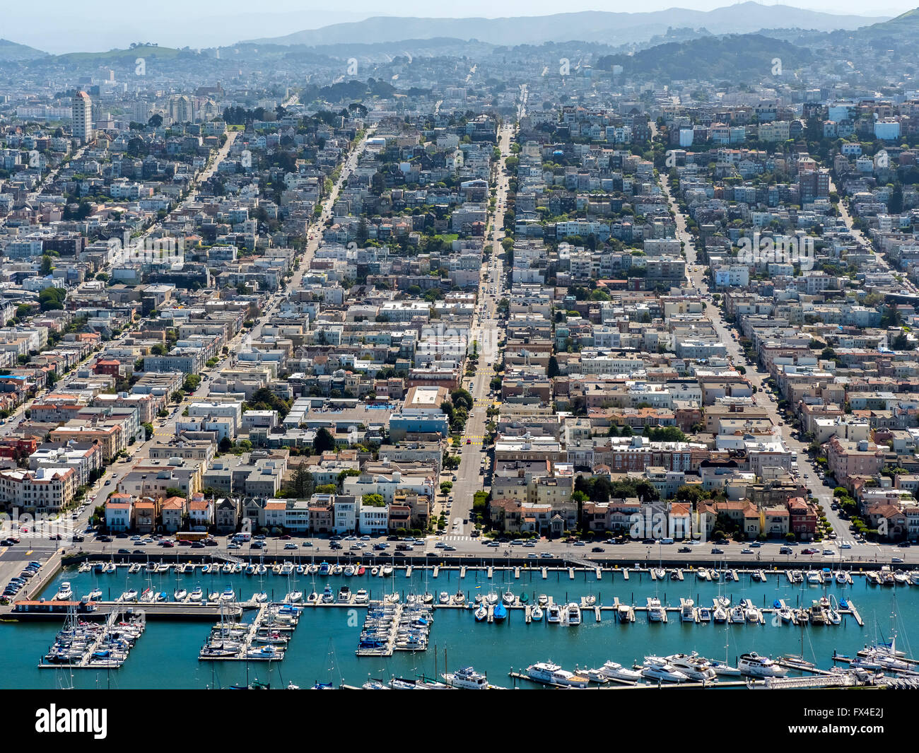 Aerial view, looking from the north of the marina in Pacific Heights with Divisadero Street, Scott street and Broderick street, Stock Photo