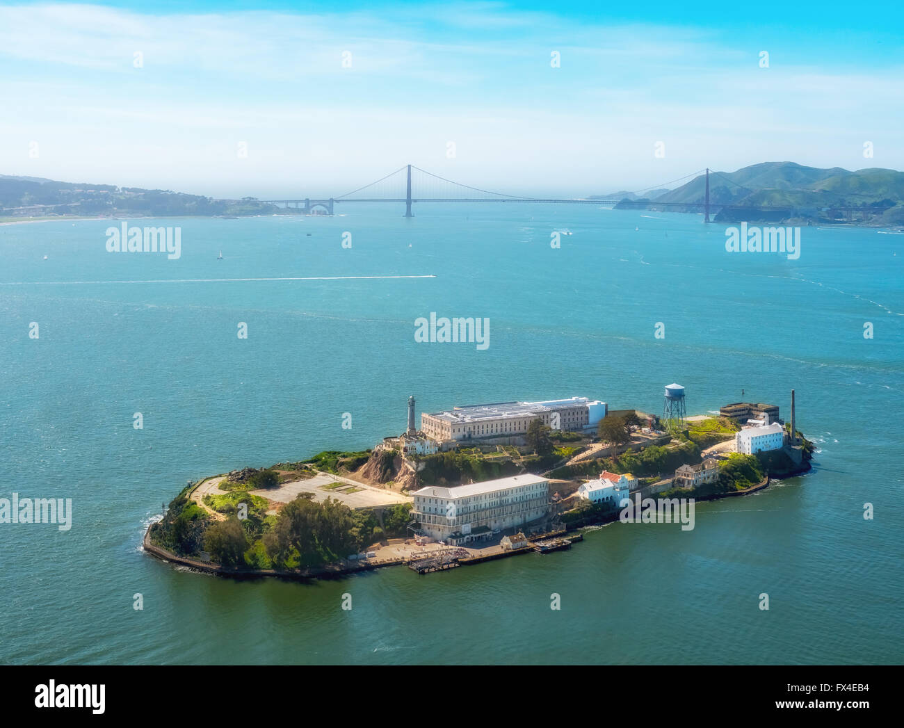 Aerial view, Alcatraz, Golden Gate Bridge in the background, Alcatraz Iceland with lighthouse in backlight, San Francisco, Stock Photo