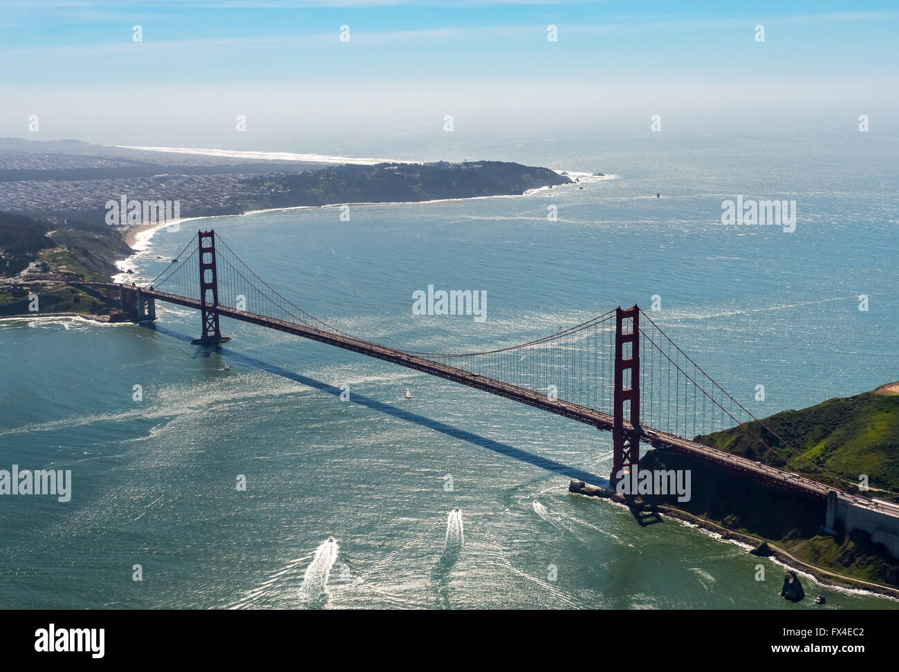 Seen Aerial view, Golden Gate Bridge from the Pacific side, San Francisco, San Francisco Bay Area, United States of America, Stock Photo