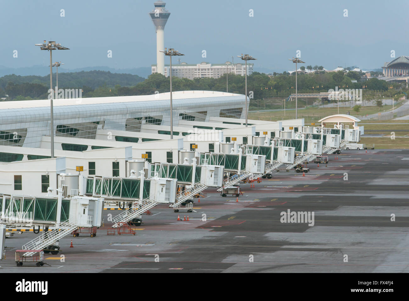 Jetway waiting for a plane to arrive on airport Stock Photo