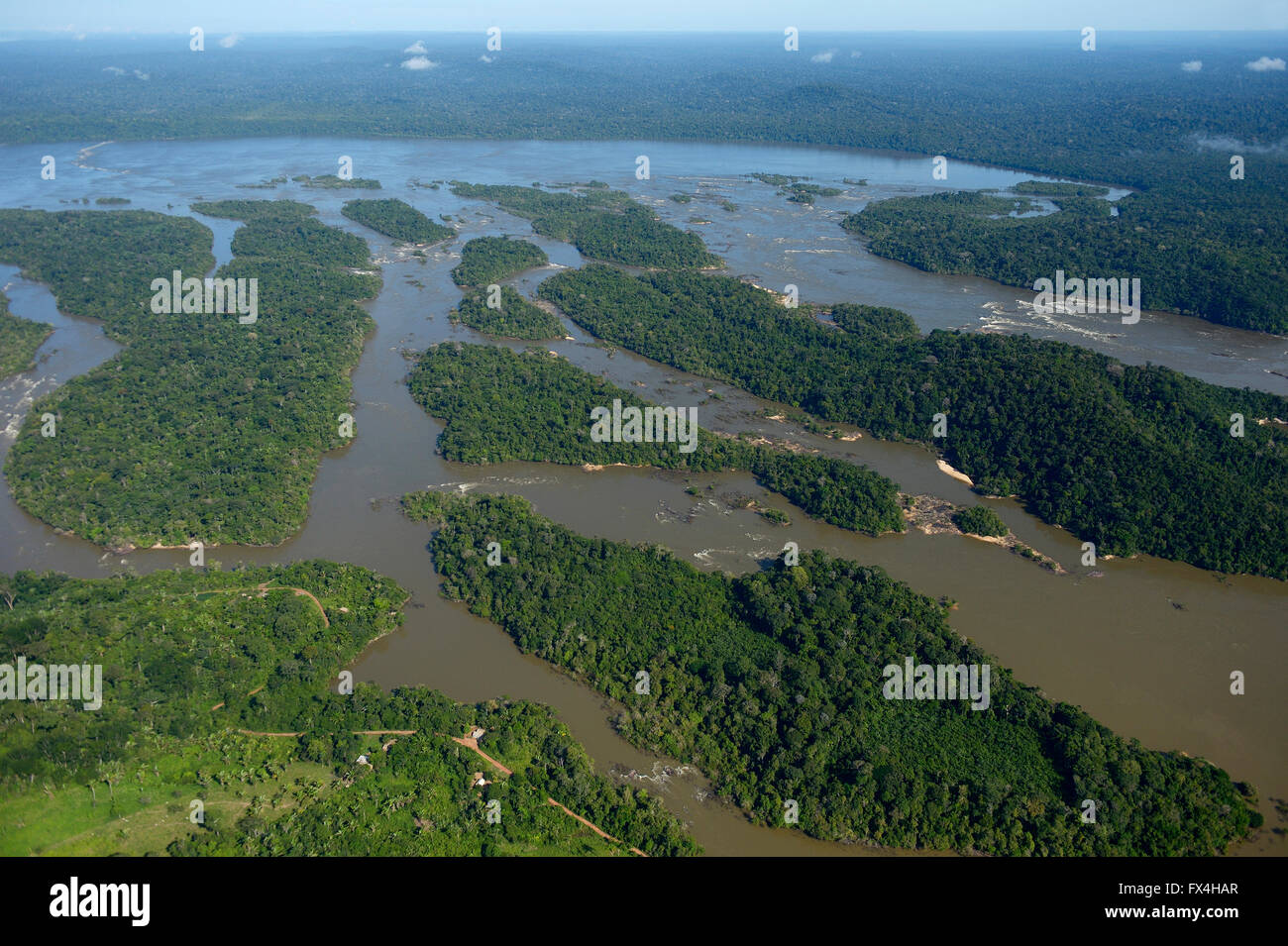 Aerial view, river landscape, small islands in the river Rio Tapajos in the Amazon rainforest, planned dam Sao Luiz do Tapajós Stock Photo