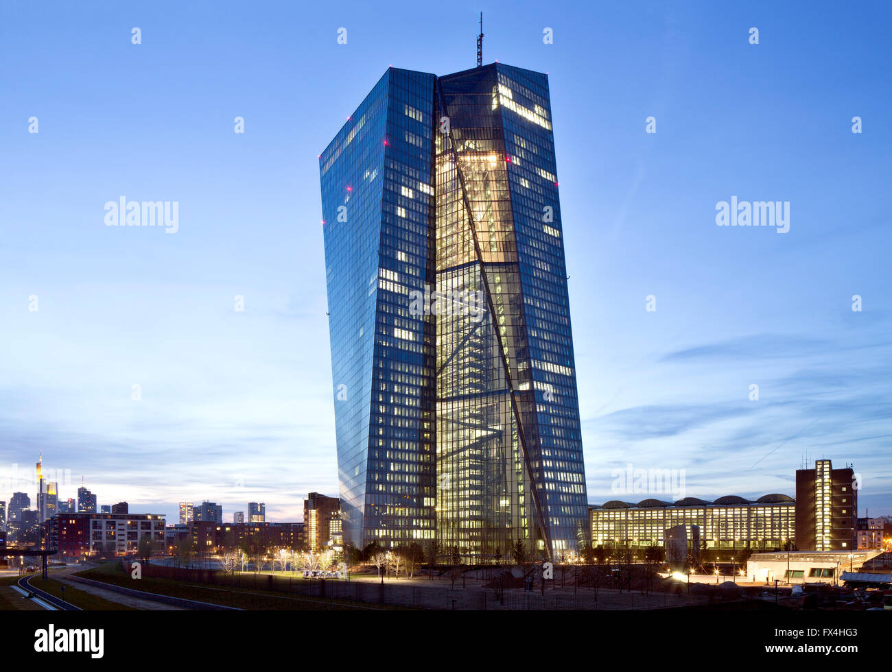 European Central Bank and former Grossmarkthalle, architect Coop Himmelblau, Frankfurt, Hesse, Germany Stock Photo
