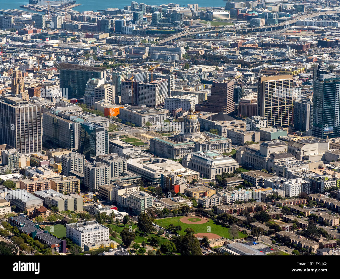 Aerial view, City Hall, City Hall, Civic Center Plaza, Veterans Building, War Memorial Opera House, San Francisco, San Francisco Stock Photo