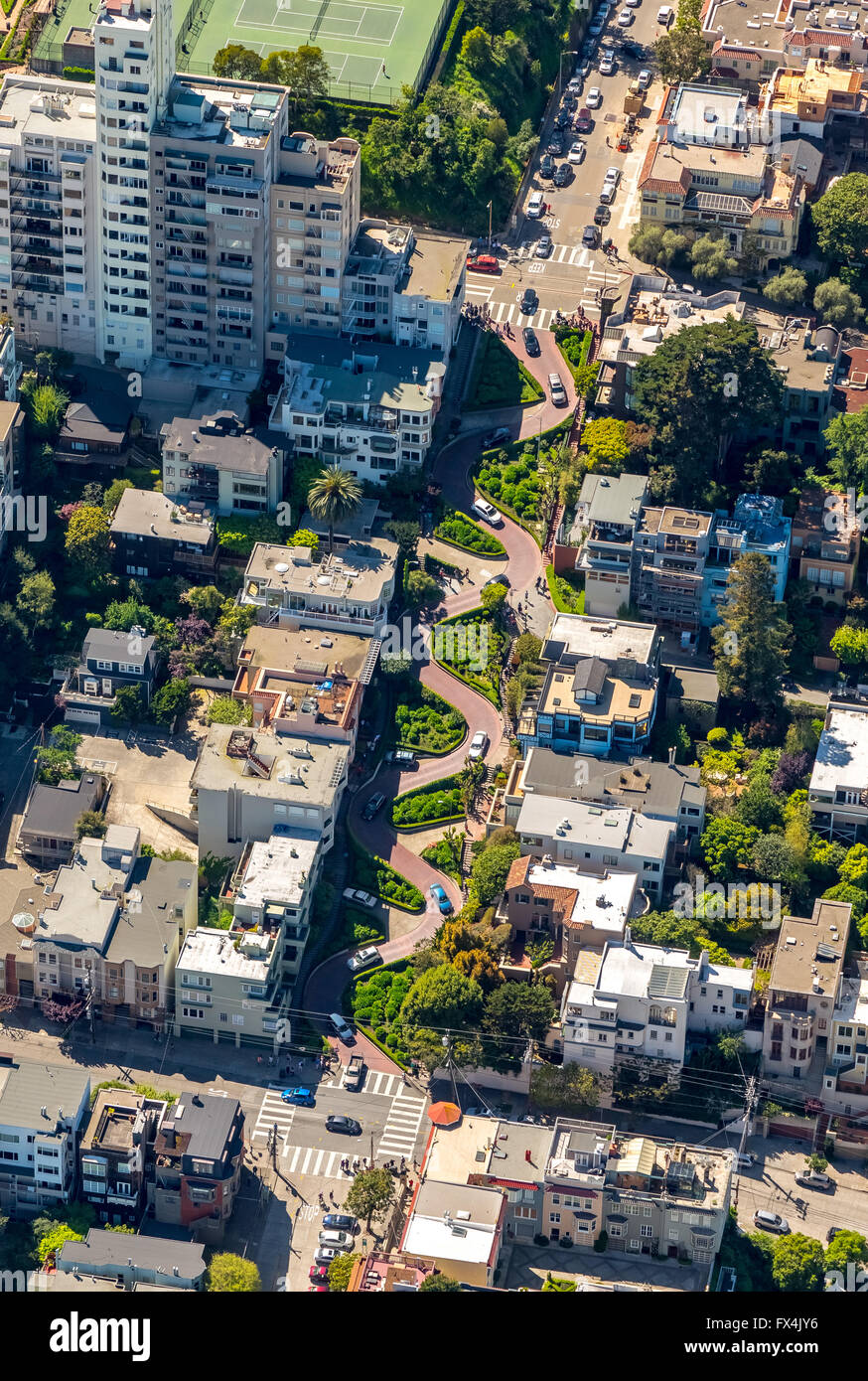 Aerial view, Lombard Street, winding road, curve road, streets of San Francisco, tourist attractions, San Francisco, Bay Area, Stock Photo