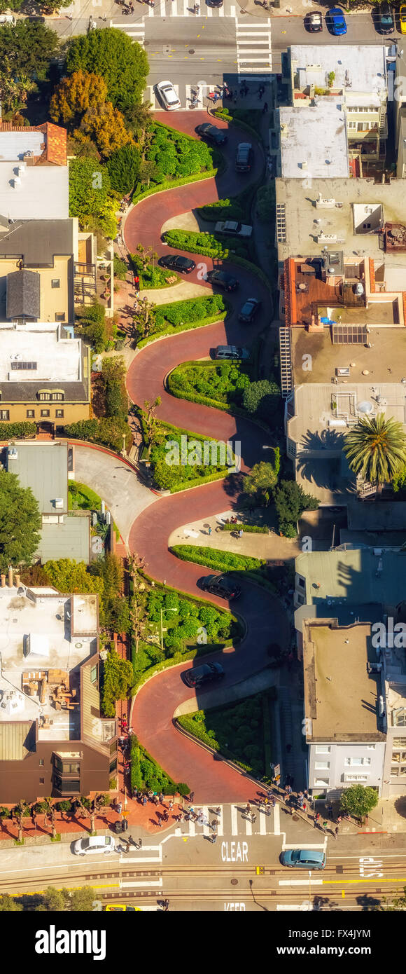 Aerial view, Lombard Street, winding road, curve road, streets of San Francisco, tourist