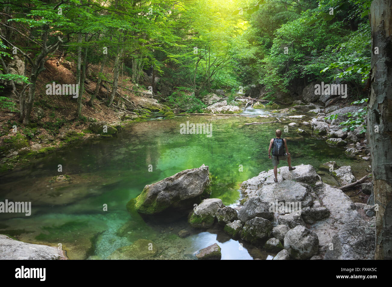 Man into canyon. Spring lake and green forest. Nature composition. Stock Photo