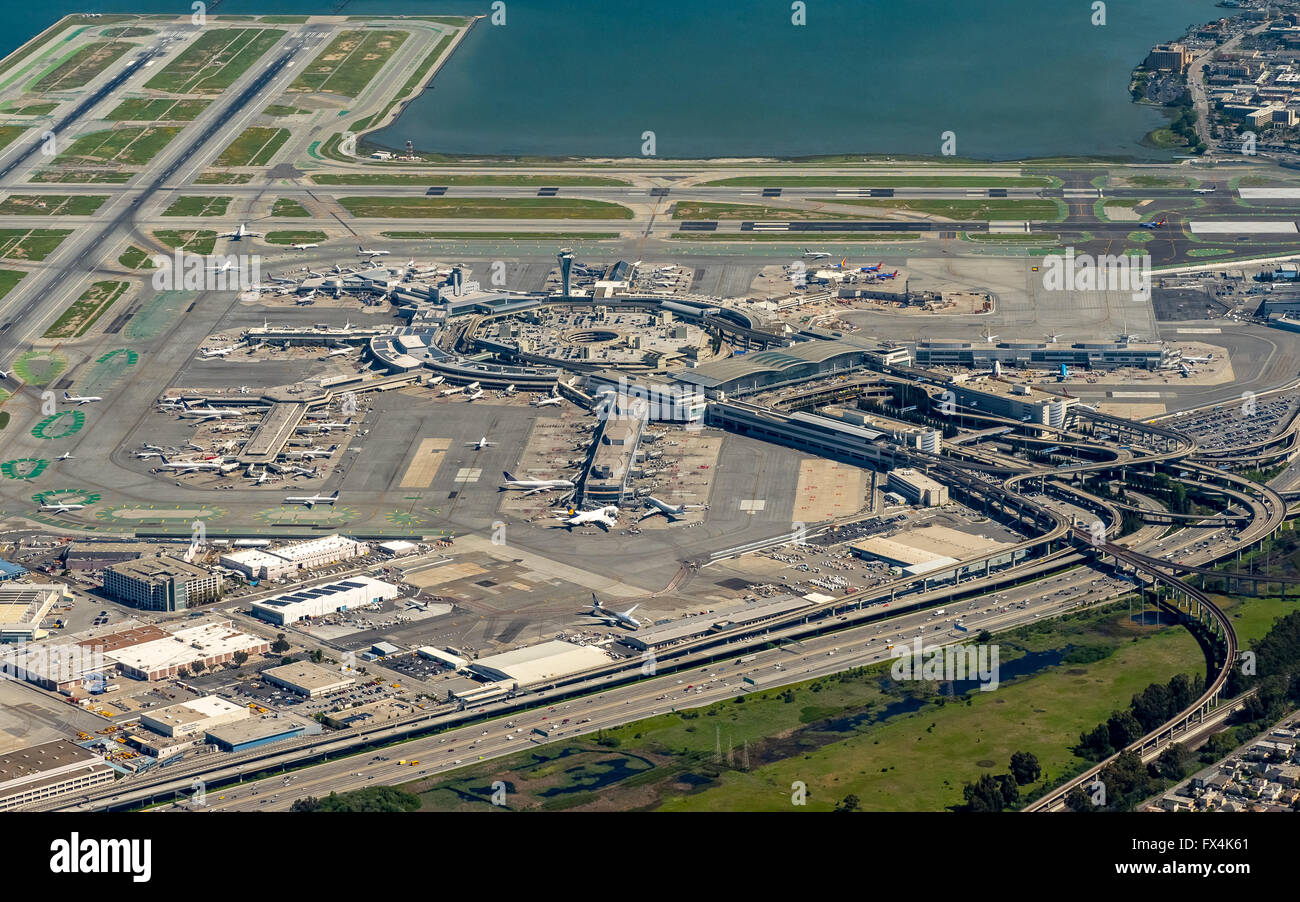 Aerial, International Airport of San Francisco, SFO, San Francisco, Bay ...