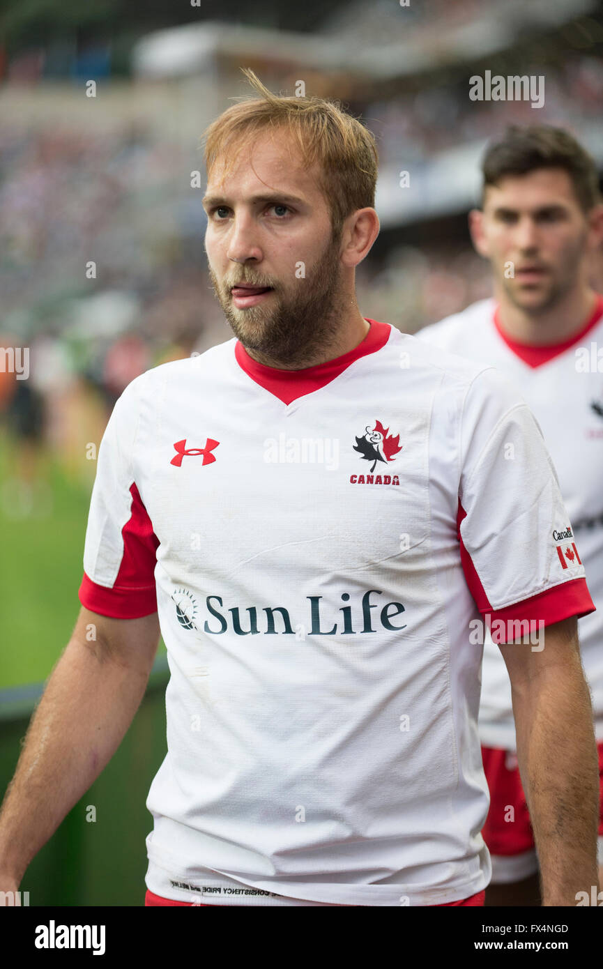 Hong Kong, China. 10, April, 2016. HSBC World Rugby Sevens Series-round 7, Hong Kong Stadium. Sean Thomas White(foreground) of Canada following the Russia vs Canada Shield Final. Russia wins 19-14. Credit:  Gerry Rousseau/Alamy Live News Stock Photo