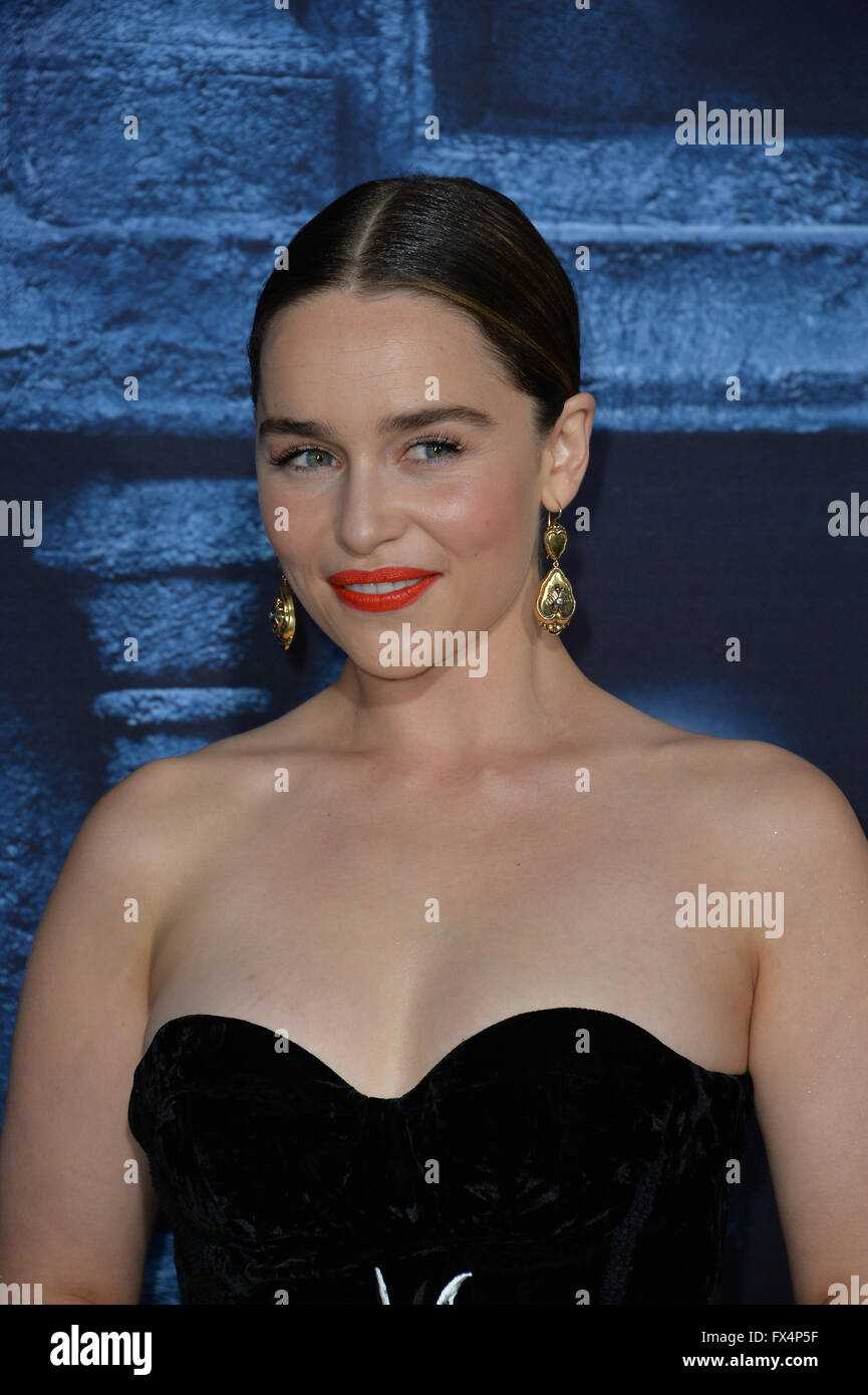 Los Angeles, California, USA. 10th April, 2016. Actress Emilia Clarke at  the season 6 premiere of
