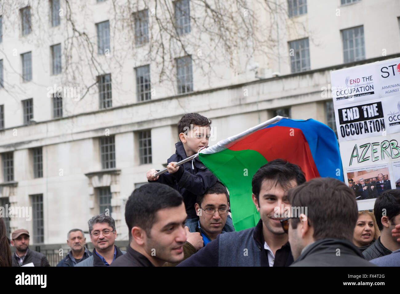 London, UK. 10th April, 2016. Azeri people living in the UK stage a protest meeting organized by the European Azerbaijan Society against Armenian aggression starting at Trafalgar Square and ending at 10 Downing Street. Stock Photo
