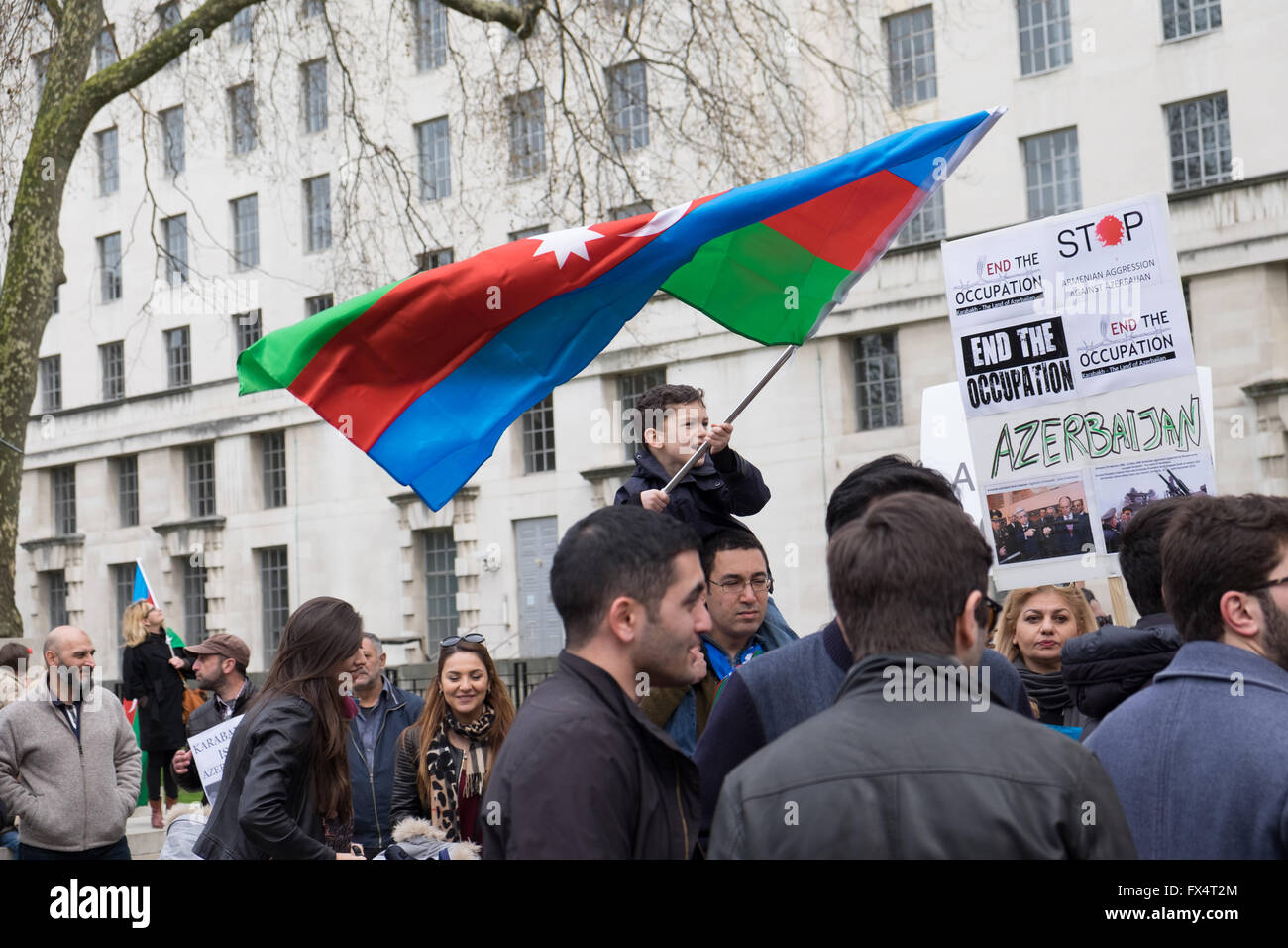 London, UK. 10th April, 2016. Azeri people living in the UK stage a protest meeting organized by the European Azerbaijan Society against Armenian aggression starting at Trafalgar Square and ending at 10 Downing Street. Credit:  lovethephoto/Alamy Live News Stock Photo