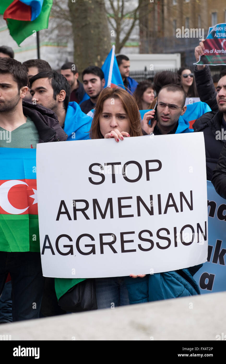London, UK. 10th April, 2016. Azeri people living in the UK stage a protest meeting organized by the European Azerbaijan Society against Armenian aggression starting at Trafalgar Square and ending at 10 Downing Street. Credit:  lovethephoto/Alamy Live News Stock Photo